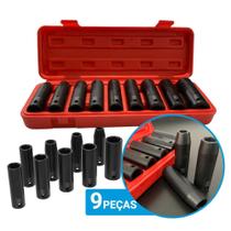 Jogo Kit Soquete de Impacto Sextavado Longo Pito Encaixe 1/2 Pol 10 a 22mm 9 Peças