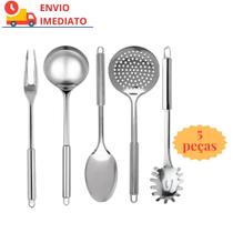 Jogo Kit Utensílios de Cozinha 5 Peças 100% Aço Inox Colher Escumadeira Concha Pegador de Massa e Garfo