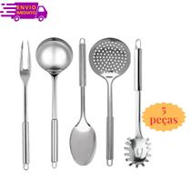Jogo Kit Utensílios de Cozinha 5 Peças 100% Aço Inox Colher Escumadeira Concha Pegador de Massa e Garfo