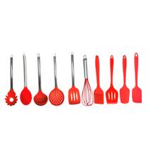 Jogo Kit Utensilios Para Cozinha Em Silicone Vermelho 10 Peças Tapete Culinário Batedor Colher Fue