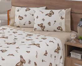 Jogo Lençol 4 Peças Cama Viúva 1,88mx1,28mx25cm 100% Algodão 180 Fios Borboletas Cáqui