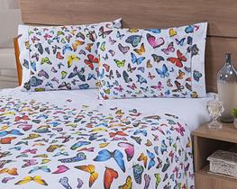 Jogo Lençol 4 Peças Cama Viúva 1,88mx1,28mx30cm 100% Algodão 180 Fios Borboletas Coloridas
