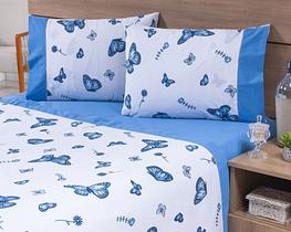Jogo Lençol 4 Peças Casal Padrão 1,88mx1,38mx30cm 100% Algodão 180 Fios Ponto Palito Azul Borboletas Azul
