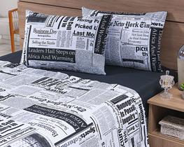 Jogo Lençol 4 Peças Casal Padrão 1,88mx1,38mx30cm 100% Algodão 180 Fios Ponto Palito Jornal Preto