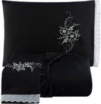 Jogo Lencol Bordado Casal Queen SIze com Lese 3 Pçs