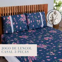 Jogo Lençol Casal Estampado Elástico Malha 100% Algodão Cor:Floral fundo azul