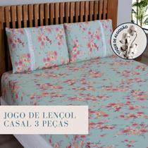 Jogo Lençol Casal Estampado Elástico Malha 100% Algodão Cor:Floral fundo verde