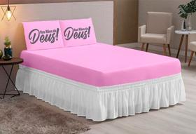 jogo lençol casal queen 03 peças Deus todo rosa