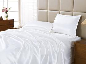 Jogo Lençol Casal Queen Cetim Seda Branco Com Vira 4 Peças