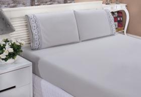 Jogo Lençol Casal Queen Percal Bordado Tulipa Cinza 4 peças Jogo Lençol Casal Queen Percal Bordado Tulipa Cinza 4 peças