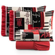 Jogo Lençol Fiore Casal Padrão 4Pç Vermelho Oriental Japonês