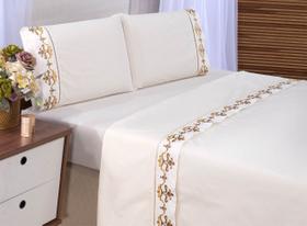 jogo lençol king 4 peças 200 fios Bordado Percal Realeza Palha