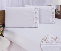 Jogo lençol king casal bordado 3 peças branco caqui veneza