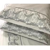 Jogo Lençol KING Size Barrado Bordado Richilieu 4 Peças 100% Algodão 200 Fios Percal