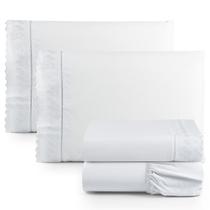Jogo Lençol King Suave Barrado Lese 4 Peças Barato - Branco Jogo Lençol King Suave Barrado Lese 4 Peças Barato - Branco