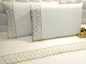 Jogo Lençol Queen Barrado Richilieu Percal 200 Fios Palha 4 Peças