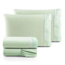 Jogo Lençol Queen Suave Barrado Lese 4 Peças Barato - Verde Jogo Lençol Queen Suave Barrado Lese 4 Peças Barato - Verde