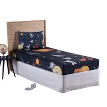 Jogo Lençol Roupa Cama Box Elastico 2 Pçs Solteiro Fronha Quarto Criança Menino Simples Astronauta Marinho