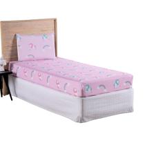Jogo Lençol Roupa Cama Box Elastico Solteiro 2 Pçs Fronha Quarto Criança Infantil Unicornio Rosa Menina