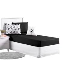 Jogo Lençol Roupa Cama Box Solteiro 4 Pçs Fronha Elastico Volta Quarto Infantil Criança Menino Futebol Preto