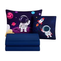 Jogo Lençol Roupa Cama Fronha Solteiro Elastico 4 Peças Quarto Criança Infantil Menino Astronauta Marinho