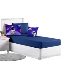 Jogo Lençol Roupa Cama Fronha Solteiro Elastico 4 Peças Quarto Criança Infantil Menino Astronauta Marinho