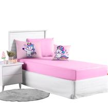 Jogo Lençol Roupa Cama Infantil Solteiro 4 Pçs Fronha Elastico Quarto Criança Menina Unicornio Rosa Macio