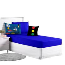 Jogo Lençol Roupa Cama Solteiro 4 Pçs Fronha Elastico Quarto Criança Menino Carros Azul Royal Simples Basico
