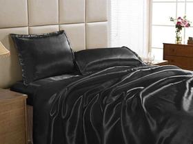 Jogo Lençol Solteiro Cetim Seda Preto Com Vira 3 Peças