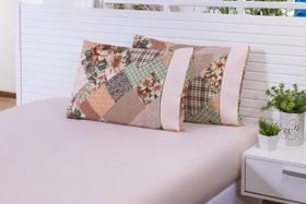 Jogo Lençol Solteiro King 2 Peças (2,03x0,96x30cm) 180 Fios Patchwork Caqui c/ Barrado Salmon