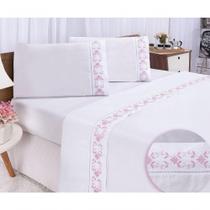 Jogo Lençol Veneza Quarto Casal King Bordado 4 Peças 2fronha Cor: Branco Com Rose