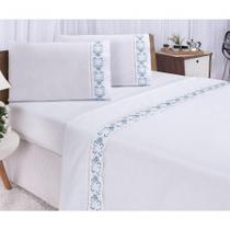 Jogo Lençol Veneza Quarto Casal Padrão Bordado 4 Peças 2fronha Cor: Branco Com Azul.