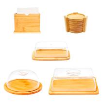Jogo Manteigueira queijeira tampa 6 Porta copos de bambu suporte guardanapo mesa café da manhã hotel