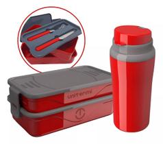 Jogo Marmita Organizadora Fit + Copo 650ml C/ Tampa Vermelho