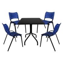 Jogo Mesa 70x70 Preta Bares Restaurantes Lanchonetes cozinha Com 4 Cadeiras Empilhável Iso Azul