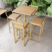 Jogo Mesa Alta Bistrô Quadrada 4 Banquetas Pinus Confort Industrial Dourado