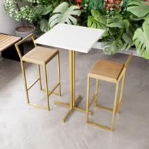 Jogo Mesa Alta Bistrô Quadrada Branca 2 Banquetas Pinus Confort Industrial Dourado