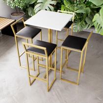 Jogo Mesa Alta Bistrô Quadrada Branca 4 Banquetas Estofado Confort Industrial Dourado