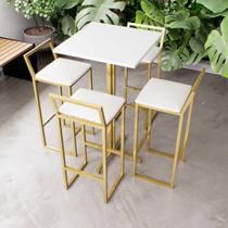 Jogo Mesa Alta Bistrô Quadrada Branca 4 Banquetas Estofado Confort Industrial Dourado