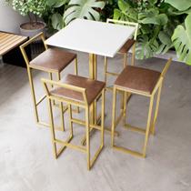 Jogo Mesa Alta Bistrô Quadrada Branca 4 Banquetas Estofado Confort Industrial Dourado