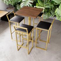 Jogo Mesa Alta Bistrô Quadrada Imbuia 4 Banquetas Estofado Confort Industrial Dourado