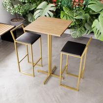 Jogo Mesa Alta Bistrô Quadrada Pinus 2 Banquetas Estofado Confort Industrial Dourado