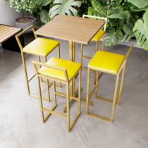 Jogo Mesa Alta Bistrô Quadrada Pinus 4 Banquetas Estofado Confort Industrial Dourado