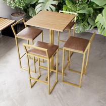 Jogo Mesa Alta Bistrô Quadrada Pinus 4 Banquetas Estofado Confort Industrial Dourado