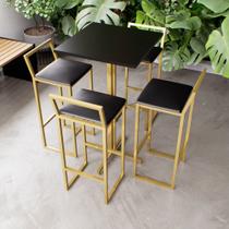 Jogo Mesa Alta Bistrô Quadrada Preta 4 Banquetas Estofado Confort Industrial Dourado