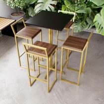 Jogo Mesa Alta Bistrô Quadrada Preta 4 Banquetas Imbuia Confort Industrial Dourado