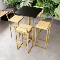Jogo Mesa Alta Bistrô Quadrada Preta 4 Banquetas Pinus Confort Industrial Dourado