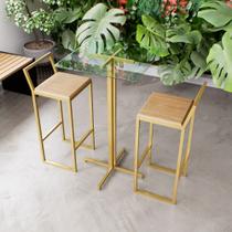 Jogo Mesa Alta Bistrô Quadrada Vidro 2 Banquetas Pinus Confort Industrial Dourado