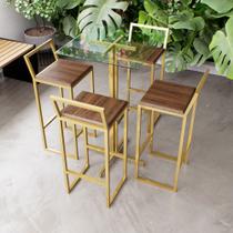 Jogo Mesa Alta Bistrô Quadrada Vidro 4 Banquetas Imbuia Confort Industrial Dourado