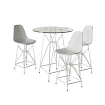 Jogo Mesa Bistrô Eames Eiffel Vidro 60cm 3 Banquetas Branca Base Ferro Branco